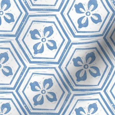 MED kikkou fabric - tortoiseshell fabric, tortoise fabric, hexagon fabric, linocut japanese fabric -  blue