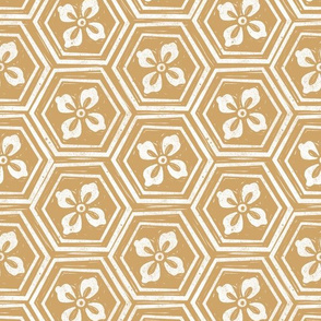 MED   kikkou fabric - tortoiseshell fabric, tortoise fabric, hexagon fabric, linocut japanese fabric - antique gold