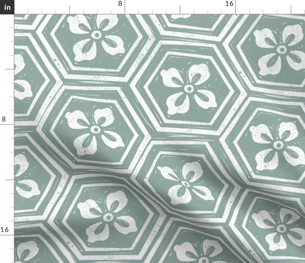 LARGE   kikkou fabric - tortoiseshell fabric, tortoise fabric, hexagon fabric, linocut japanese fabric - eucalyptus