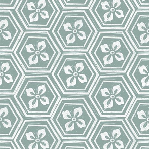 MED    kikkou fabric - tortoiseshell fabric, tortoise fabric, hexagon fabric, linocut japanese fabric - eucalyptus