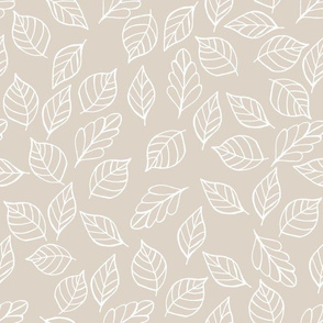 Deco Leaf Hand Drawn - White on Taupe