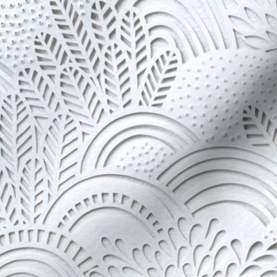 Paper Cut Faux Texture- White Lace Scalloped Garden- Monochromatic White- Monochrome Grey- Gray- Large scale- Home Decor- Novelty- Jumbo Scale Botanical Wallpaper