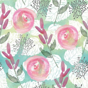 Watercolor Rose Garden on Teal