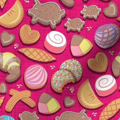 Small scale // Mexican Sweet Bakery Frenzy // fuchsia pink background // pastel colors pan dulce
