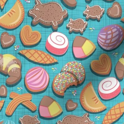 Small scale // Mexican Sweet Bakery Frenzy //  blue background // pastel colors pan dulce