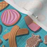 Small scale // Mexican Sweet Bakery Frenzy //  blue background // pastel colors pan dulce