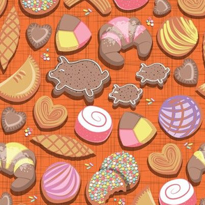 Small scale // Mexican Sweet Bakery Frenzy // orange background // pastel colors pan dulce