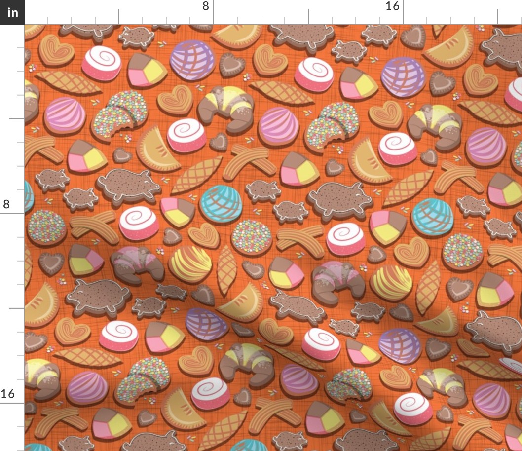 Small scale // Mexican Sweet Bakery Frenzy // orange background // pastel colors pan dulce