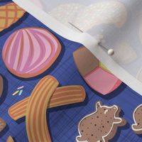 Small scale // Mexican Sweet Bakery Frenzy // denim blue background // pastel colors pan dulce