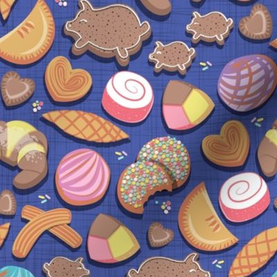 Small scale // Mexican Sweet Bakery Frenzy // denim blue background // pastel colors pan dulce