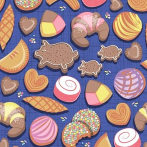 Small scale // Mexican Sweet Bakery Frenzy // denim blue background // pastel colors pan dulce