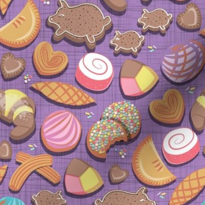 Small scale // Mexican Sweet Bakery Frenzy // violet background // pastel colors pan dulce