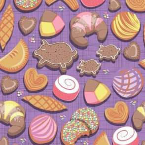 Small scale // Mexican Sweet Bakery Frenzy // violet background // pastel colors pan dulce