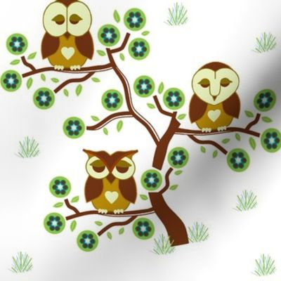 Sleepy brown Owls sitting in a tree