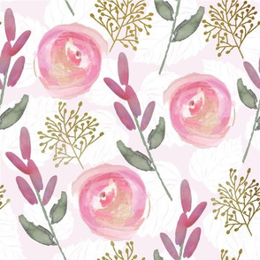 Watercolor Rose Garden on Light Pink 