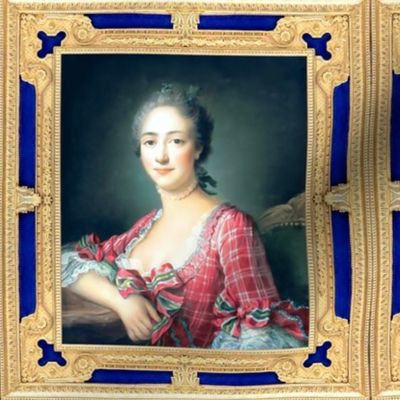 Scottish Scotland tartan plaid checkered Marie Antoinette inspired red white gowns lace baroque beautiful lady woman beauty portraits bows dress dark blue gold frame ballgowns green stripes pearl necklace chokers cultural princesses Victorian rococo  eleg