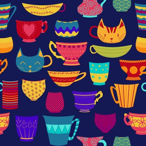 tea, cups, colorful, happy, teatime, cats