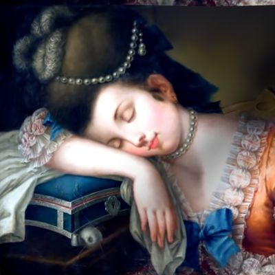 sleeping beauty Marie Antoinette inspired princesses orange gowns lace baroque victorian beautiful lady woman portraits dress bows pearls sewing handkerchief feathers ruffles thread ball needles pin cushion ballgowns  necklace choker pouf Bouffant rococo 