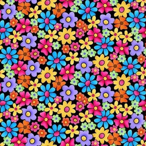 Whimsy Multicolor Flowers on Black Medium