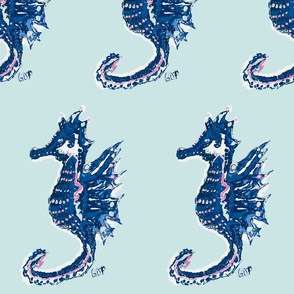 Navy Seahorses on Mint - Large