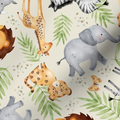 Jungle Animals (cream) Kids Safari Animal Nursery Bedding, Lion Elephant Giraffe Zebra Rhino Cheetah, 12" repeat
