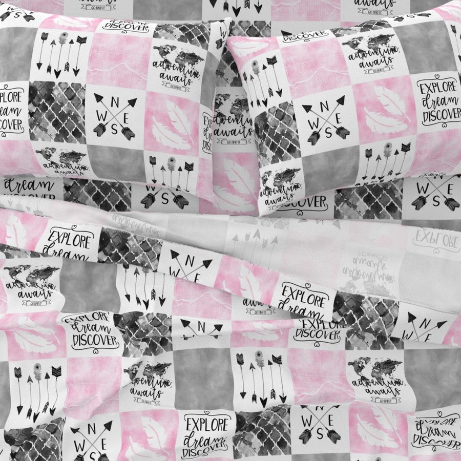 Adventure Awaits//Pink&Grey - Wholecloth Cheater Quilt