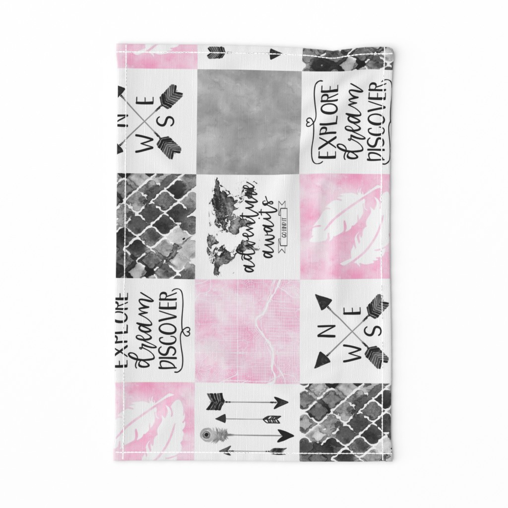 Adventure Awaits//Pink & Grey - Wholecloth Cheater Quilt - Rotated