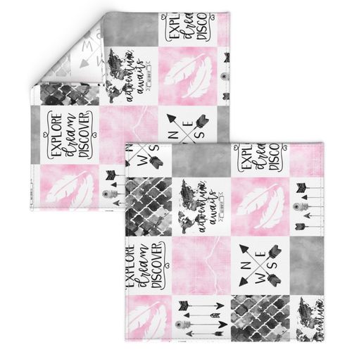 Adventure Awaits//Pink & Grey - Wholecloth Cheater Quilt - Rotated