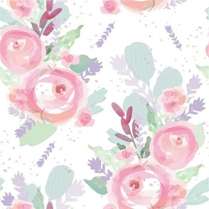 Martha's Watercolor Rose Garden  -Roses on White 