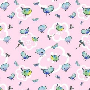 Blue Birds in Watercolor on Pink