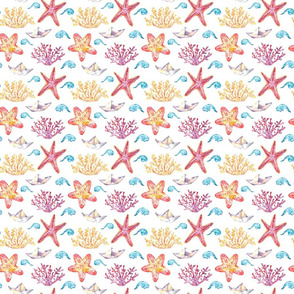 Sea corals_ sea stars and paper boat seamless pattern watercolor illustration on white