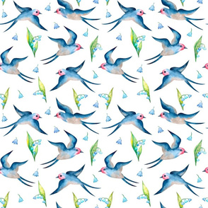 Swallows and lilies of the valley spring seamless cute pattern on white watercolor painting