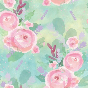 Martha's Watercolor Rose Garden -Mint Background