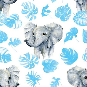 tropical watercolor elephant baby blue palms and monstera leaves