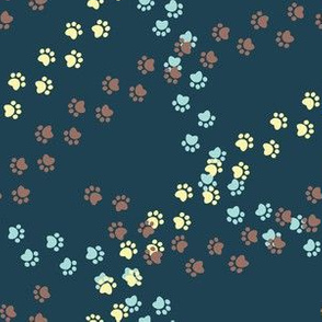 Small scale // Hot dogs chase // navy blue background brown yellow and aqua paw prints