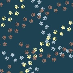 Small scale // Hot dogs chase // navy blue background brown yellow and pastel blue paw prints