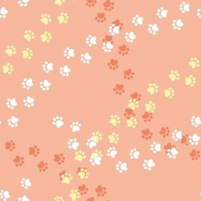 Small scale // Hot dogs chase // flesh coral background white yellow and coral paw prints