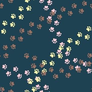 Small scale // Hot dogs chase // navy blue background brown yellow and pastel pink paw prints