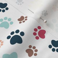 Small scale // Paw prints // white background aqua yellow red coral brown and navy blue animal foot prints