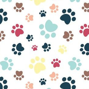 Small scale // Paw prints // white background aqua yellow red coral brown and navy blue animal foot prints