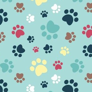 Small scale // Paw prints // aqua background white aqua yellow red brown and navy blue animal foot prints