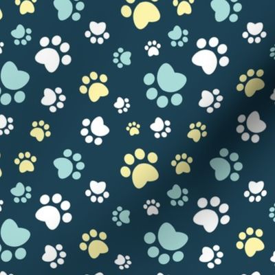 Small scale // Paw prints // navy blue background white yellow and aqua animal foot prints