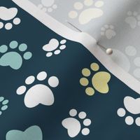 Small scale // Paw prints // navy blue background white yellow and aqua animal foot prints