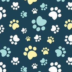 Small scale // Paw prints // navy blue background white yellow and aqua animal foot prints