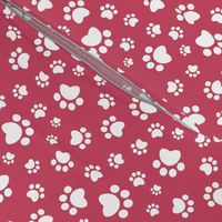 Small scale // Paw prints // red background white animal foot prints