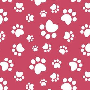 Small scale // Paw prints // red background white animal foot prints