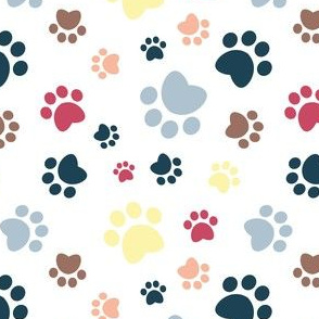Small scale // Paw prints // white background pastel blue yellow red brown coral and navy blue animal foot prints