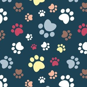 Small scale // Paw prints // navy blue background white pastel blue yellow red and brown animal foot prints