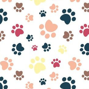 Small scale // Paw prints // white background yellow red brown and flesh coral animal foot prints