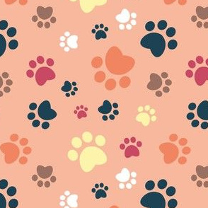 Small scale // Paw prints // flesh coral background white coral yellow red brown and navy blue animal foot prints